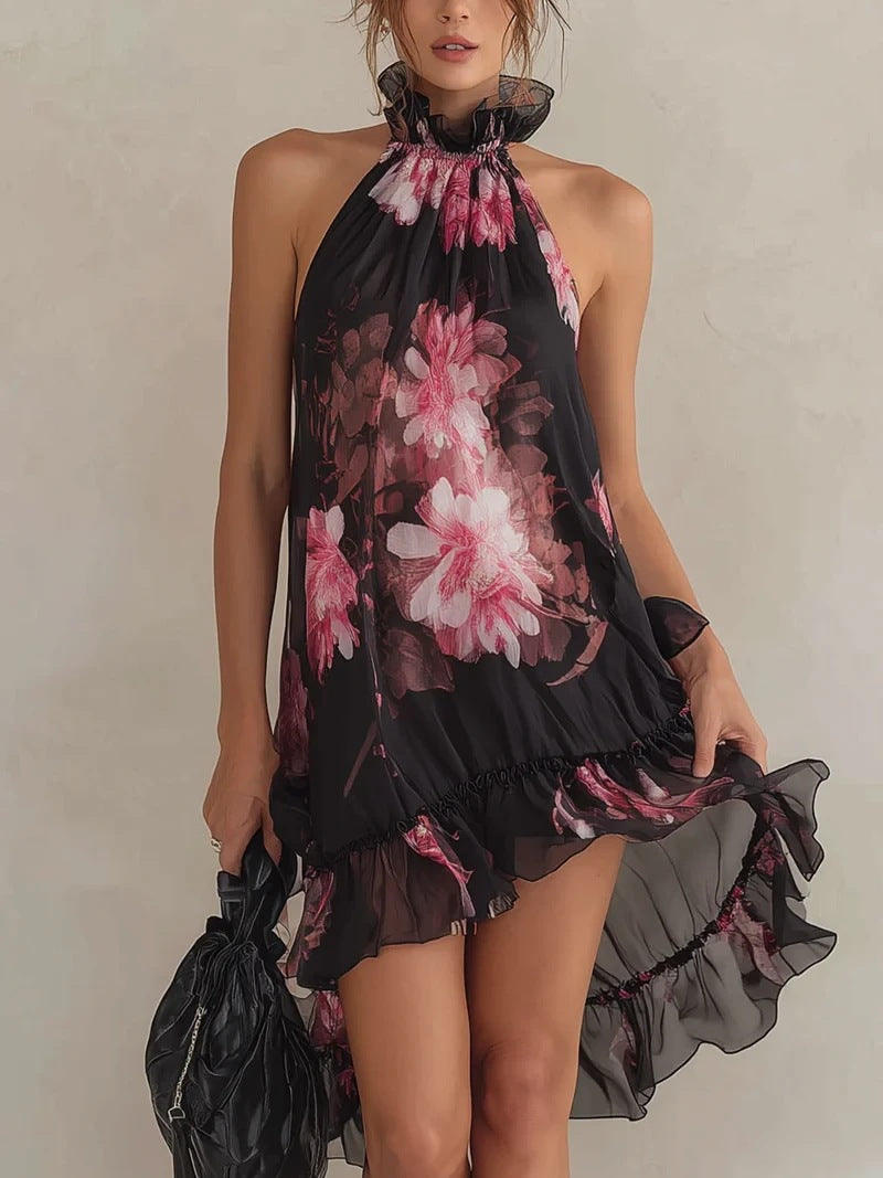 Chiffon Printed Off-shoulder Sexy Dress - cas7m