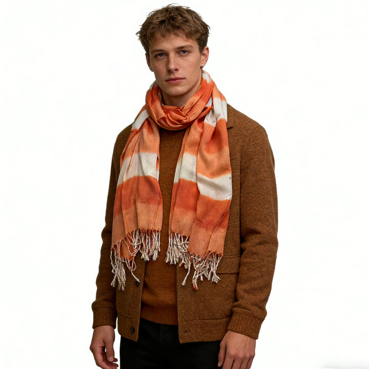 2pcs Coral Toned Abstract,Flowy Casual Scarf ,Orange Red Printed Scarf,Fringed Edges For Movement Women Men - cas7m