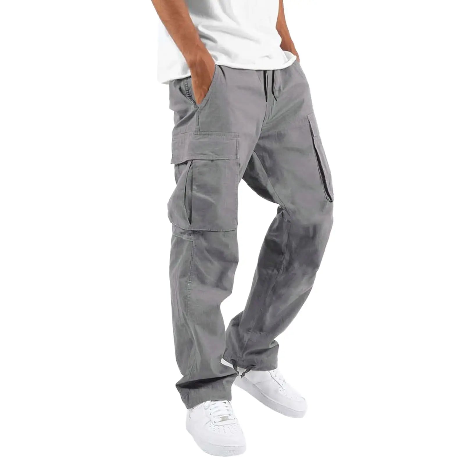 Gray cargo pants worn by a person on a white background