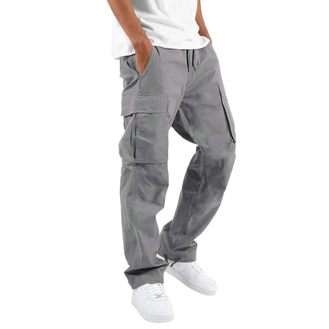 Gray cargo pants worn by a person on a white background