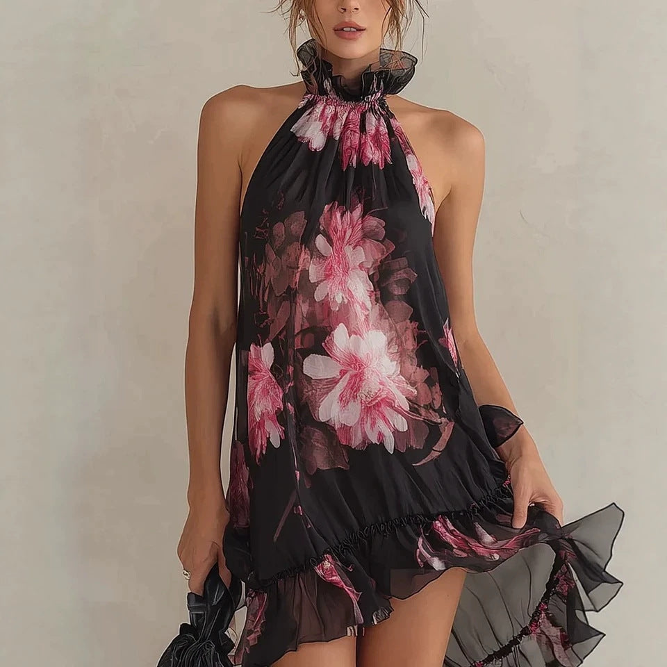 Chiffon Printed Off-shoulder Sexy Dress - cas7m