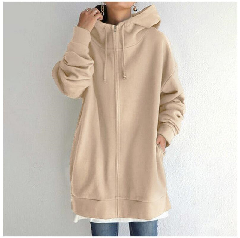 Oversized S-5XL Women Loose Hooded Coats Autumn Female Tie Collar Long Sleeve Zipper Up Add Velvet Long Sweatshirt - cas7m
