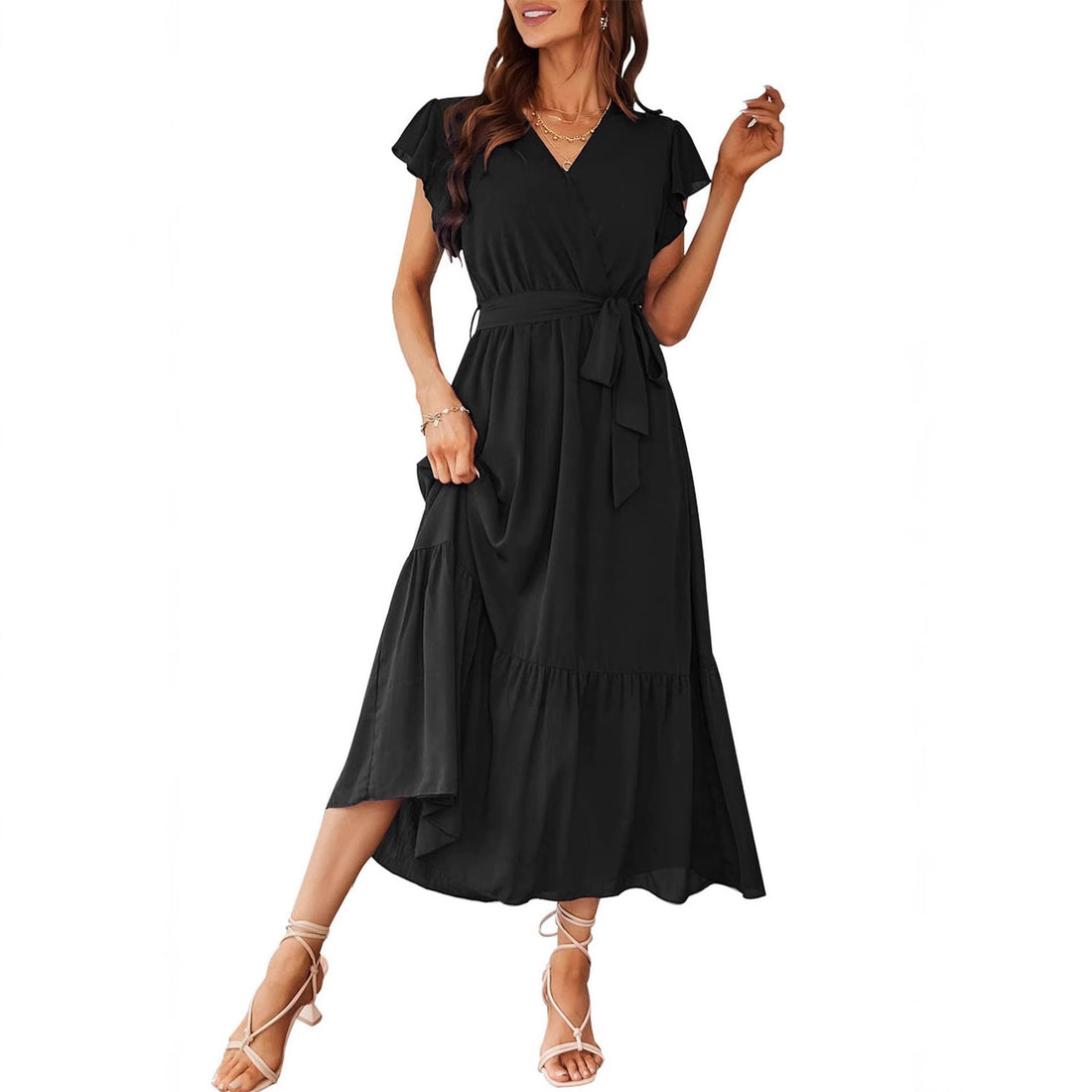 Womens Floral Print Flounce Short-Sleeve Midi Dress - cas7m