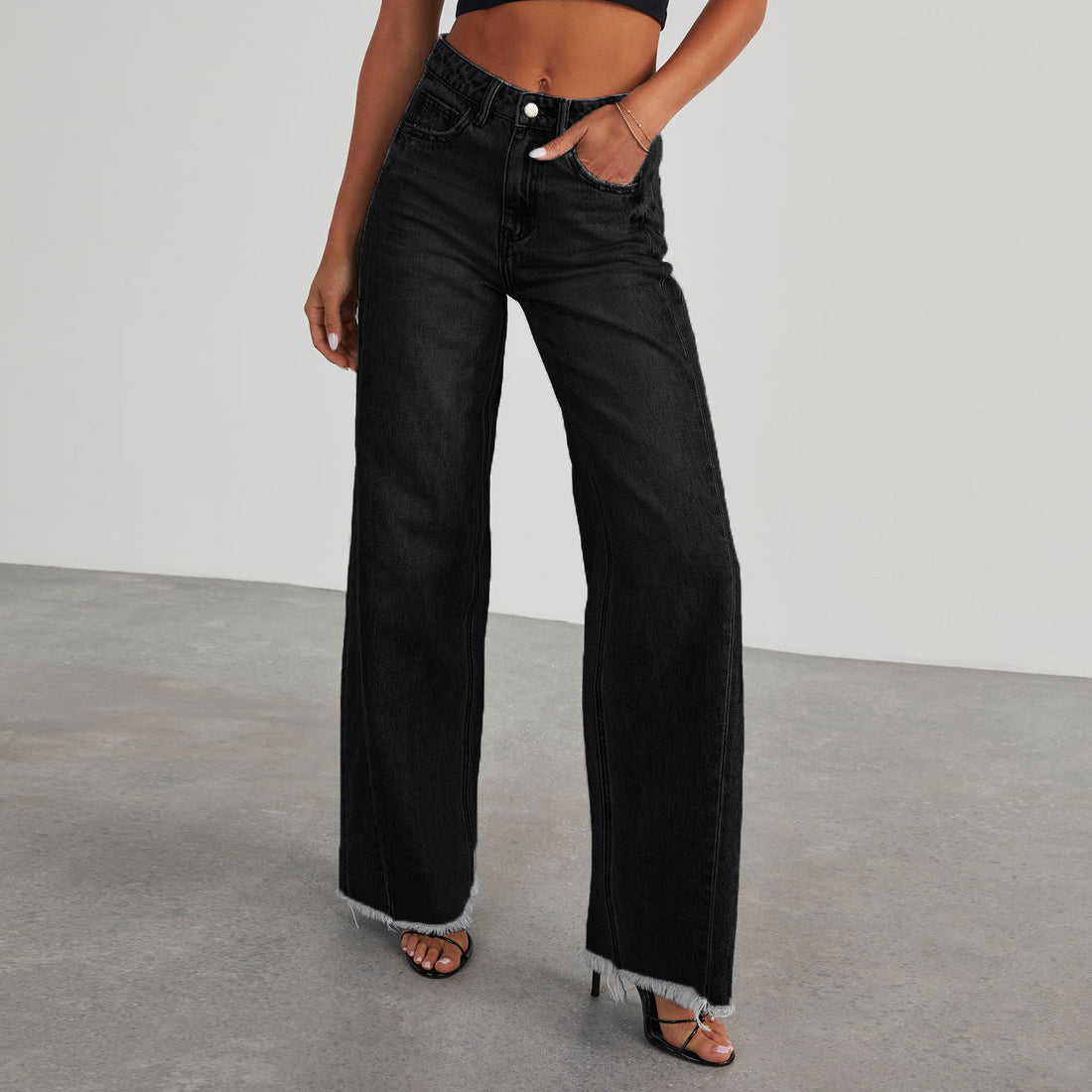 Fashion High Waist Jeans With Pockets Comfortable Slim Fit Straight Wide-leg Pants Womens Clothing - cas7m