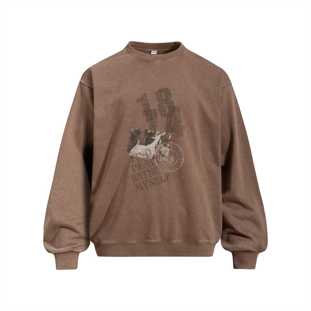 Street Punk Casual Vintage Distressed Letter Washed Long Sleeve Crew Neck Sweatshirt