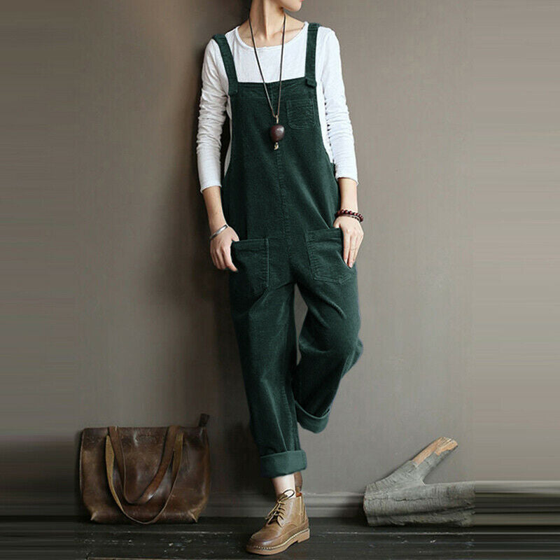Women's Corduroy Solid Color Casual Bib Pants - cas7m