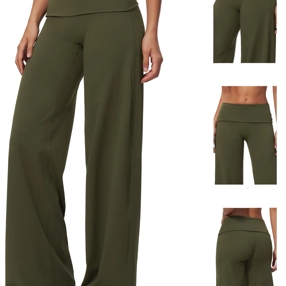 Olive green wide-leg pants shown on a model, with inset detail views highlighting the front panel design and fold-over waistband.