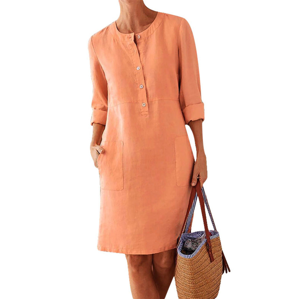 Plus Size Women's Cotton And Linen Round Neck Long Sleeve Dress - cas7m