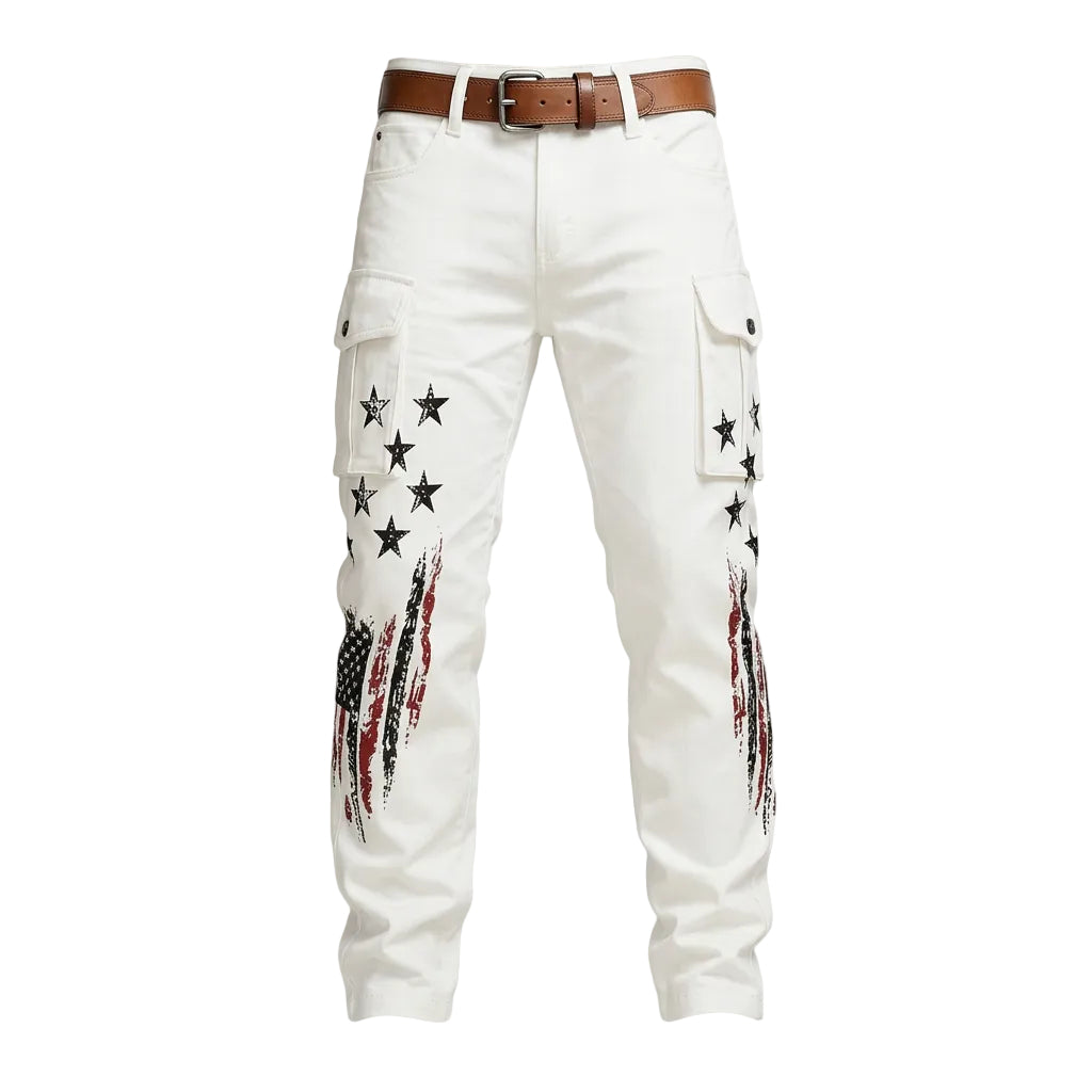 White cargo pants with star patterns and a brown belt on a textured gray background