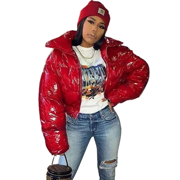 Sisterlinda Faux PU Leather Y2K Bubble Puffer Winter Warm Jacket Women Coats Long Sleeve Outerwear Zipper Casual Slim Parkas - cas7m