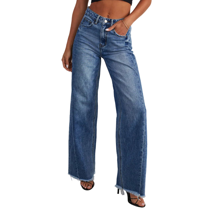 Fashion High Waist Jeans With Pockets Comfortable Slim Fit Straight Wide-leg Pants Womens Clothing - cas7m