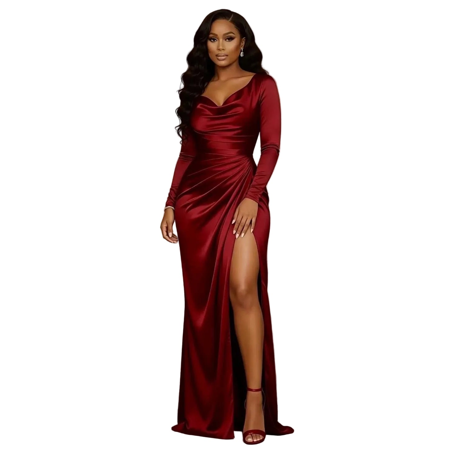 A woman modeling a floor-length, long-sleeve burgundy satin gown with a draped neckline and high thigh slit, standing in a warmly lit indoor setting.