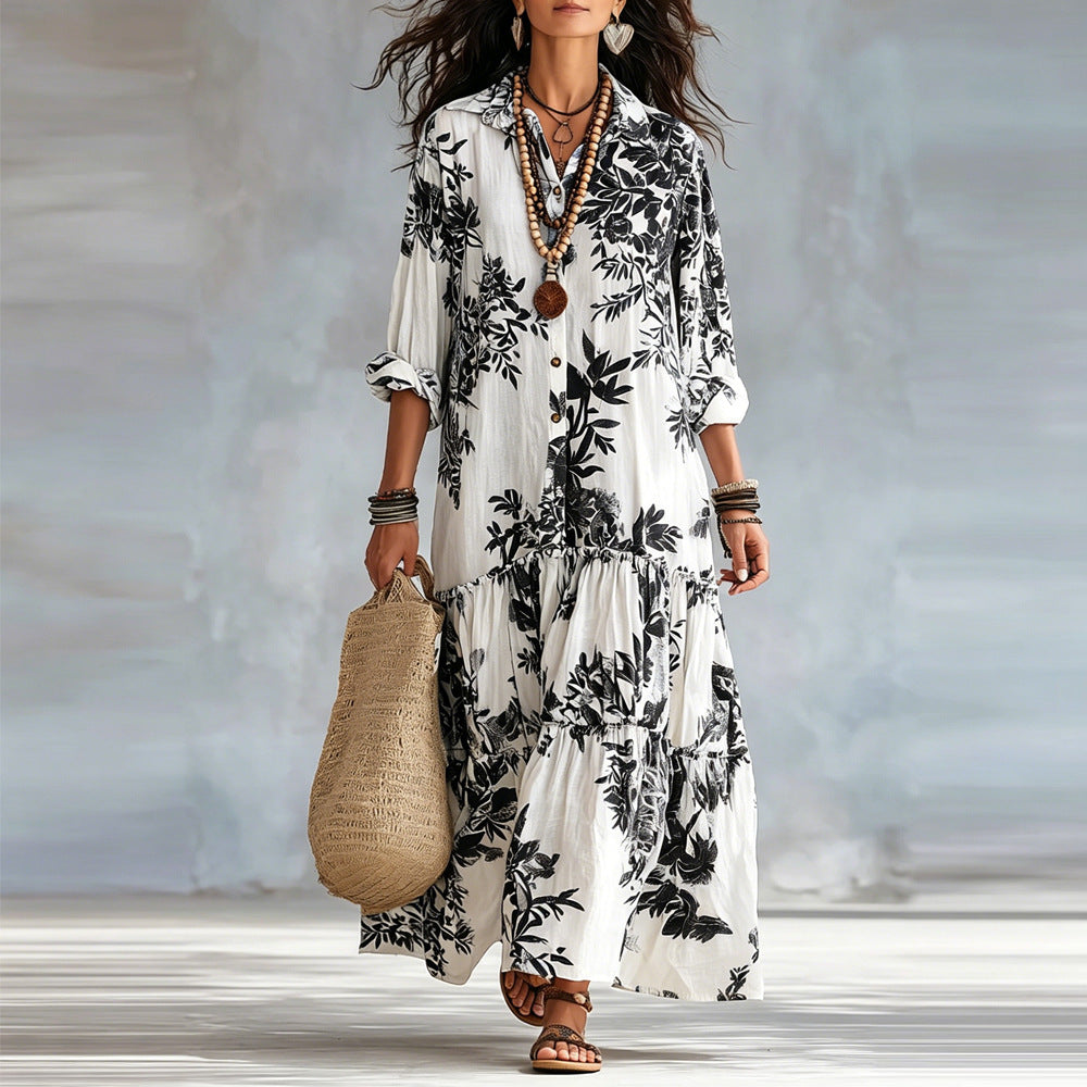 New Womens Casual Long-sleeve Lapel Dress - cas7m