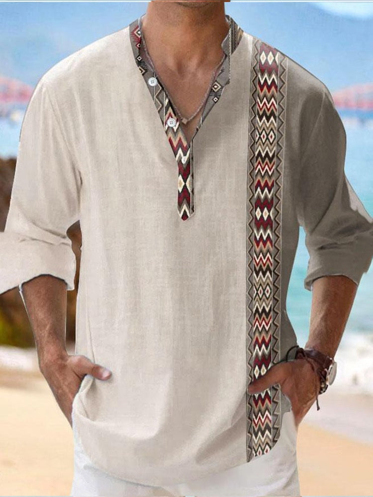 Thin Casual Digital Bamboo Linen Hawaiian Long Sleeve Shirt - cas7m
