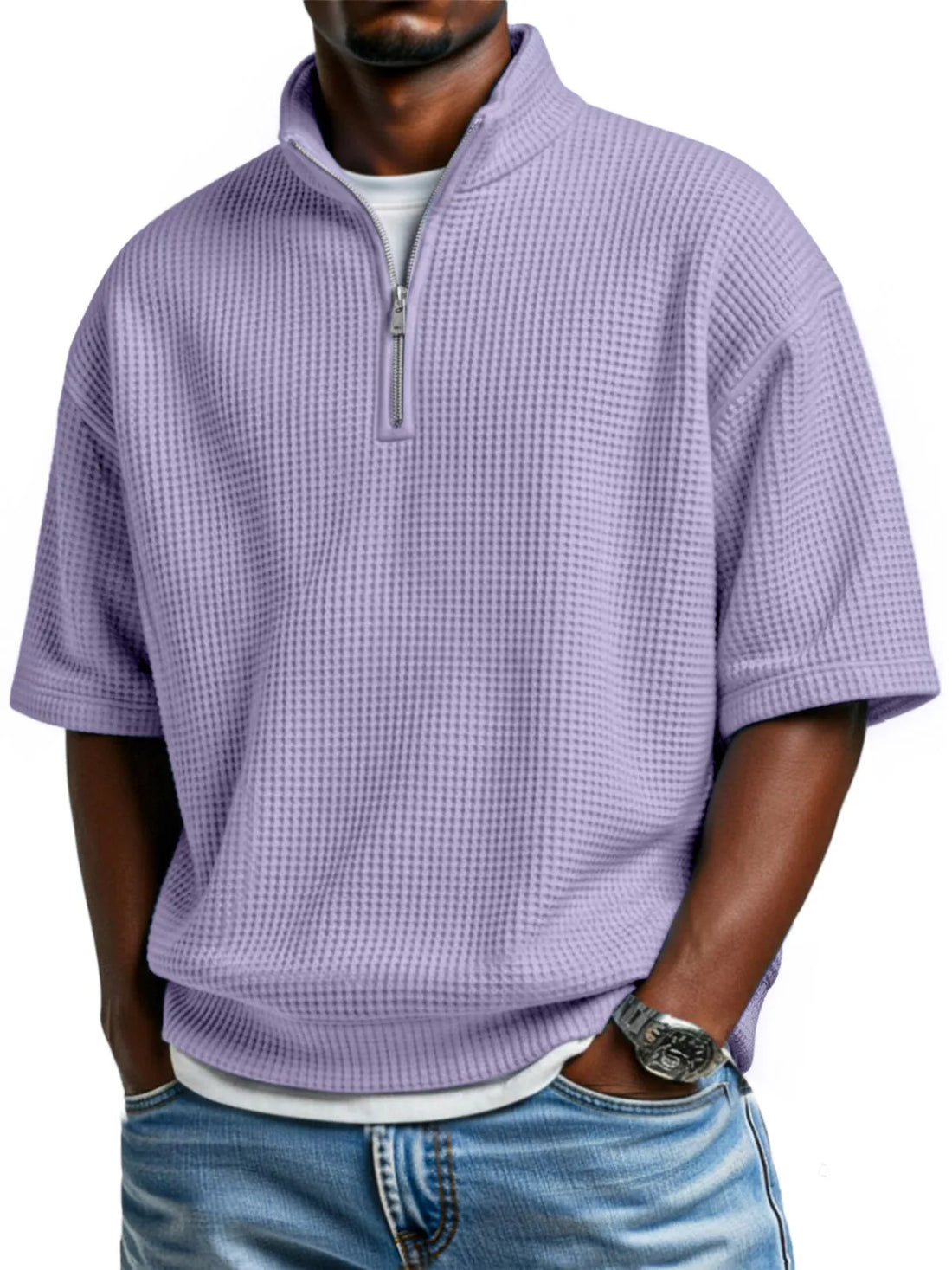 Waffle-knit Short-sleeve Polo Shirt For Men Loose-fitting Half-zip T-shirt - cas7m