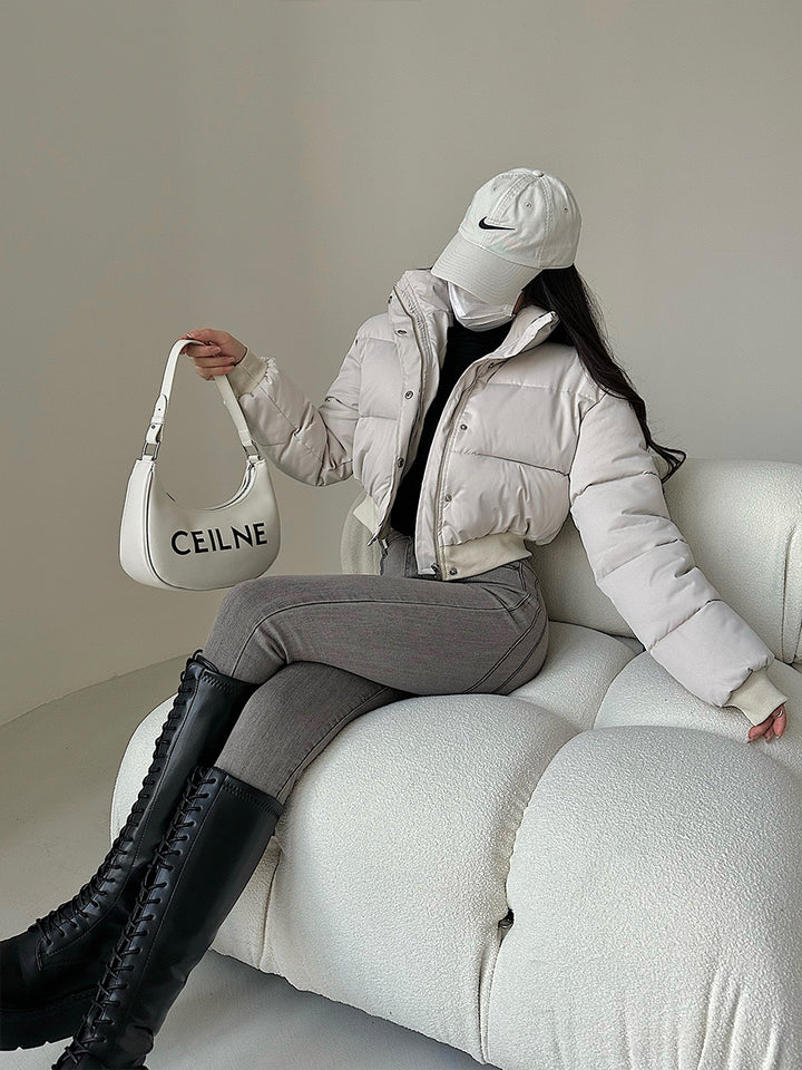 Hot Girl Fashionable Stand Collar Zipper Elastic And Waisted Warm Quilted Jacket Short Cotton Coat Women - cas7m