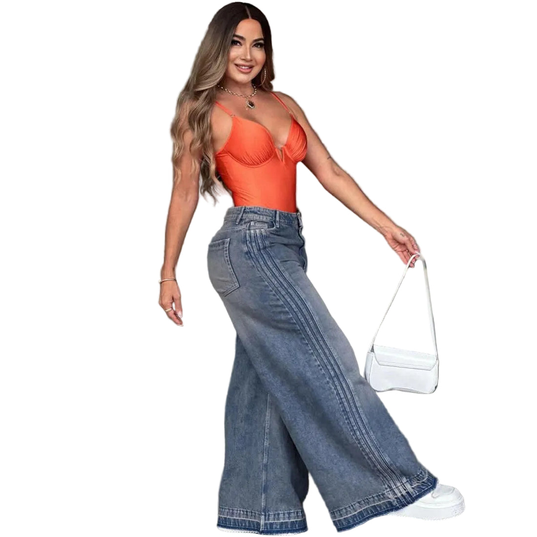 Women's High-Waisted Wide-Leg Jeans with Side Stripes Straight Leg Long Pants Summer New Style