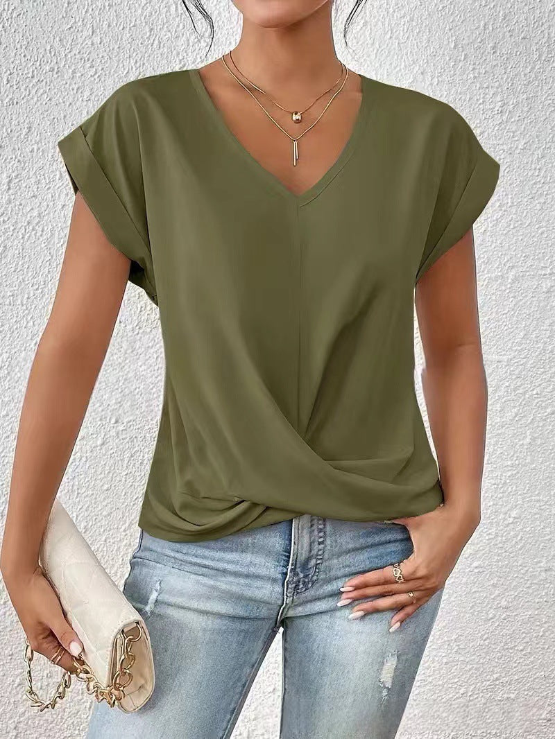 Fashion V-neck Short-sleeve T-shirt Summer Casual Irregular Knot Top For Women Clothing - cas7m