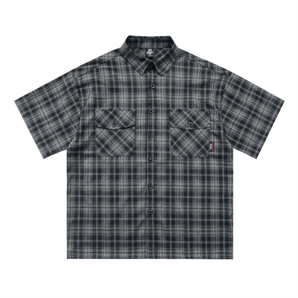 Letter Embroidered Short Sleeve Plaid Shirt Lapel Loose Shirt - cas7m