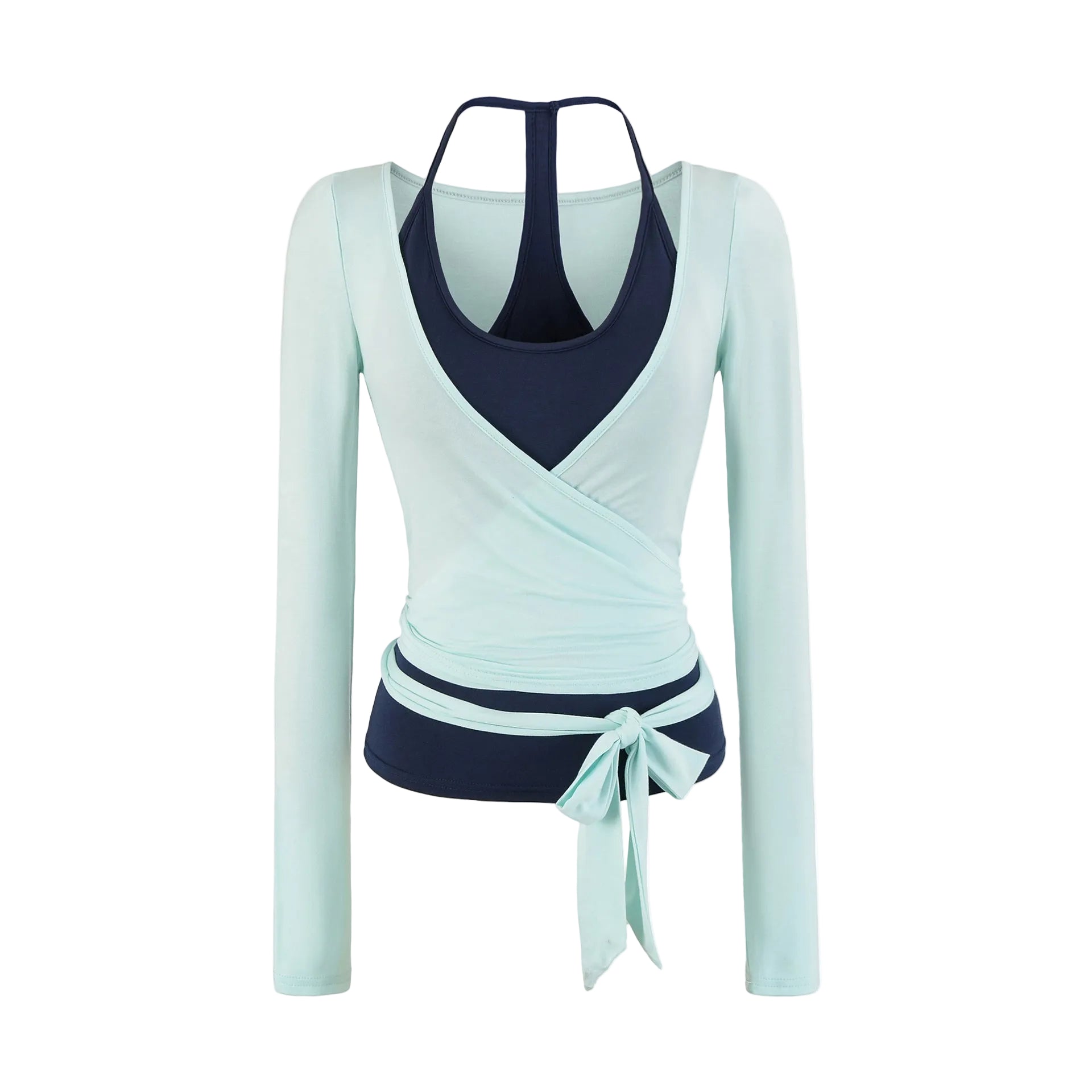A women's long-sleeve wrap-style top in light mint green and navy blue, featuring a halter-style neckline, crossover front, and a side tie detail, shown on a plain white background.