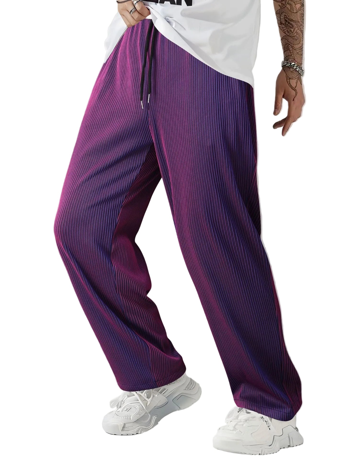 Person wearing purple striped pants and white sneakers on a gray background