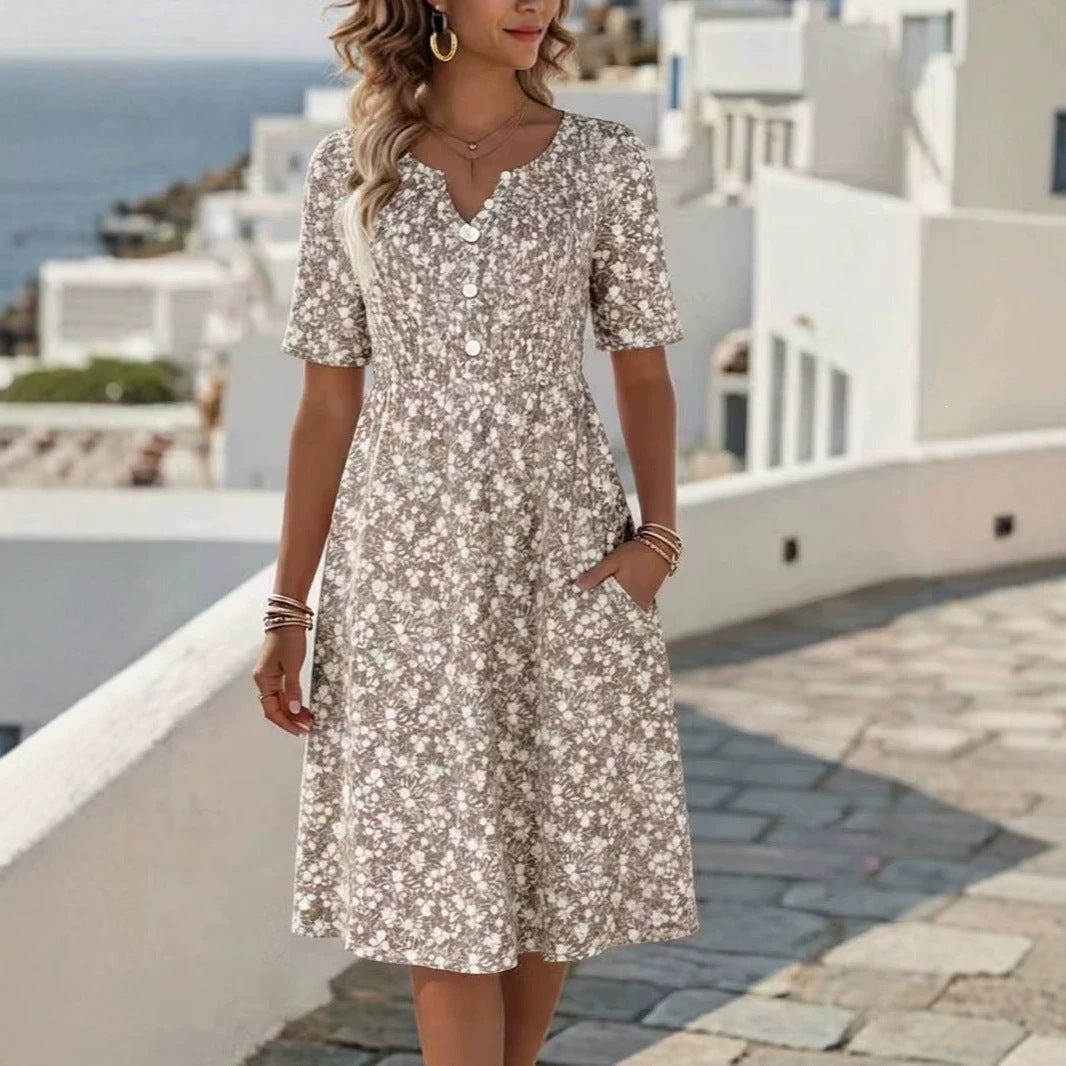 Womens Floral Print V-Neck Midi Dress With Short Sleeves - cas7m