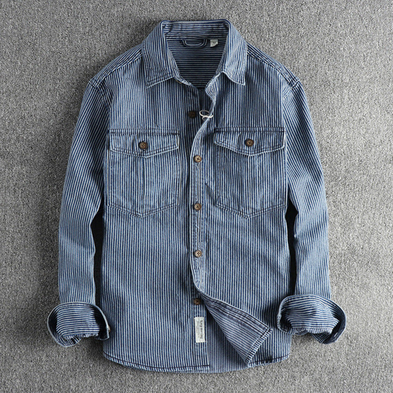 Men's Striped Cotton Cardigan - Antique Blue & White, Sizes M-3XL - cas7m