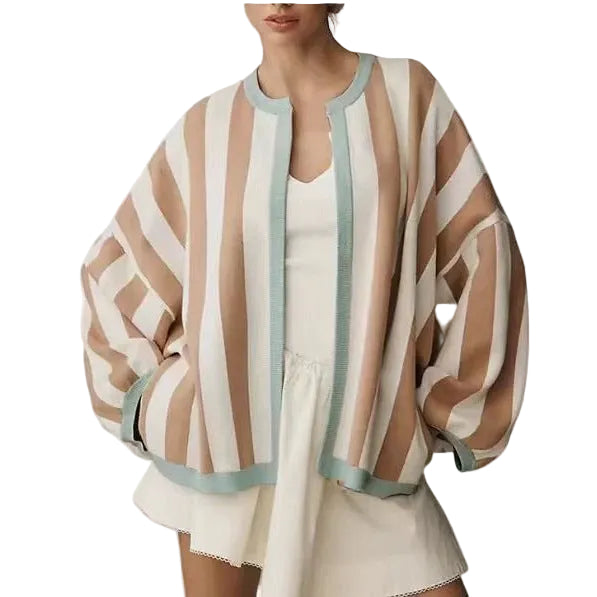 A woman models a lightweight striped cardigan with wide balloon sleeves, featuring vertical stripes in beige, cream, and white with sage green trim.