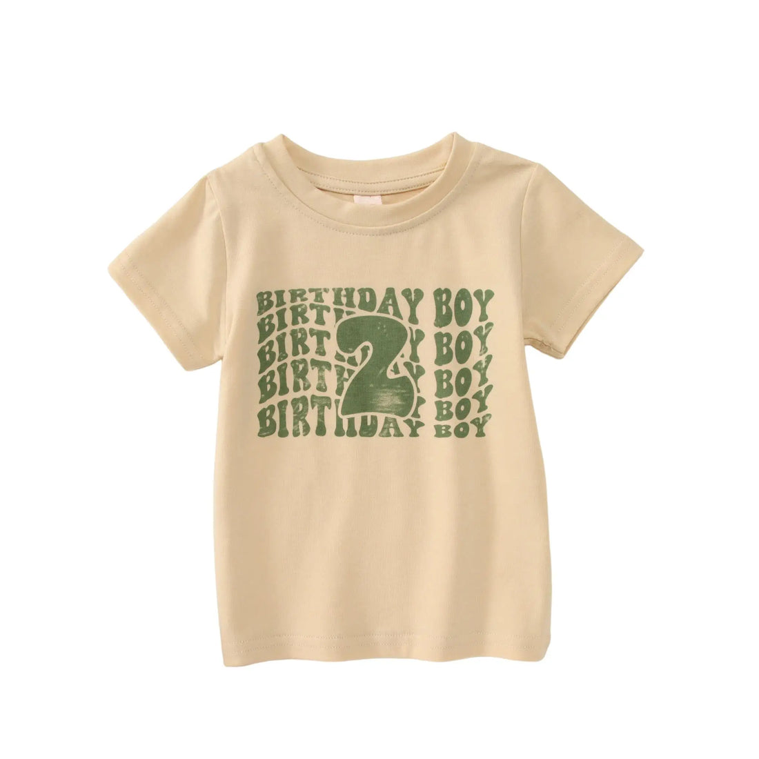 Beige t-shirt with green 'Birthday Boy' text on a white background