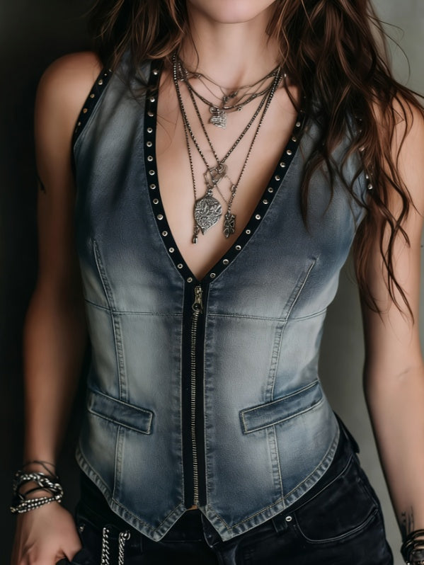 Women's V-neck Zipper Sleeveless Slim-fit Short Vest - cas7m