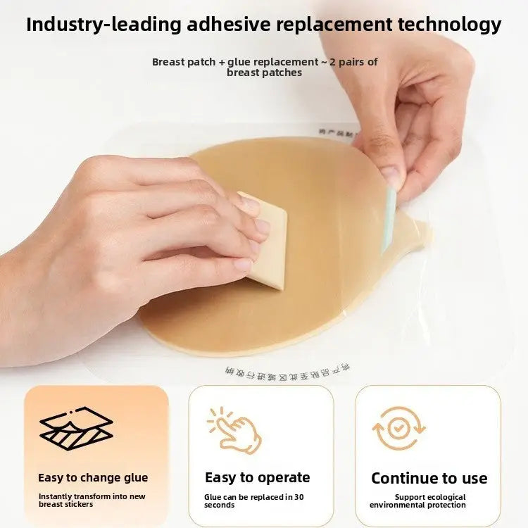 A close-up of hands applying a beige adhesive replacement breast patch over a clear backing, with text at the top describing industry-leading adhesive replacement technology and three feature callouts at the bottom.