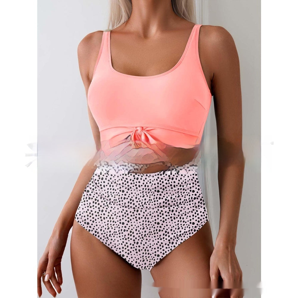 One-piece Female Stitching Contrast Color Strap Covered Belly Swimsuit - cas7m