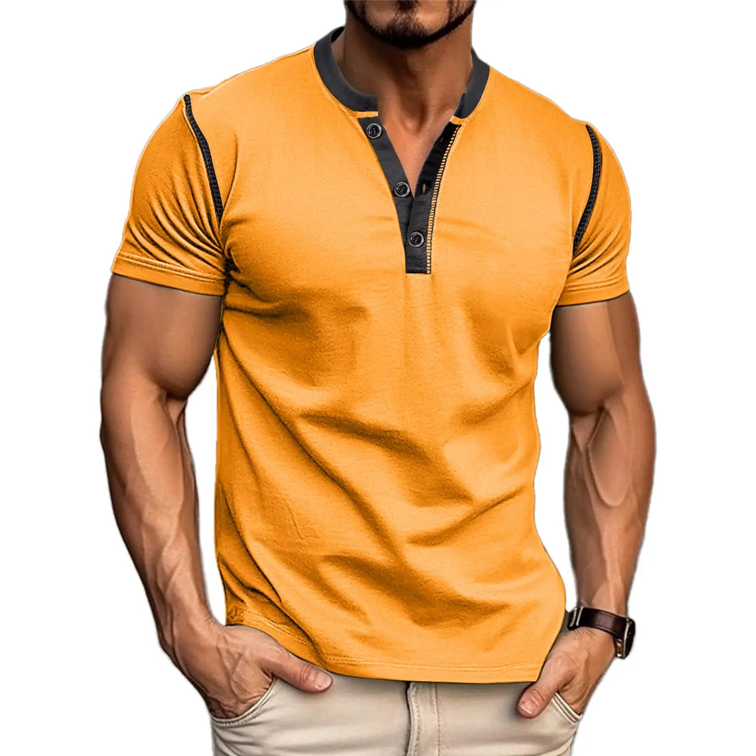 Orange short-sleeve shirt with black accents worn by a person on a white background