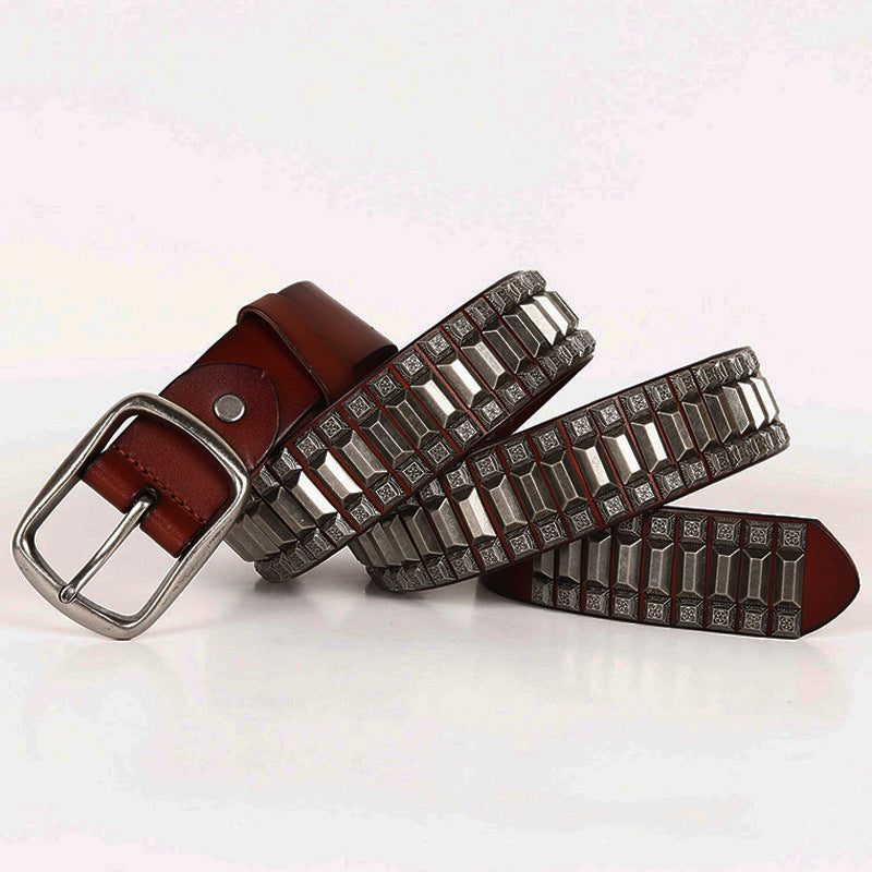 Pagoda Retro Belt Rivet Hip-Hop Top Layer Cowhide Unisex Belt For Men and Women - cas7m