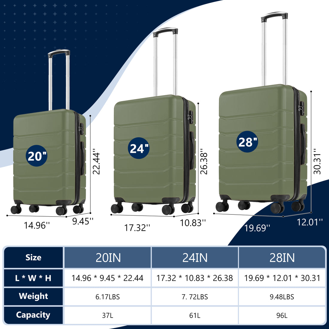 Hard Shell Carry On Suitcase, ABS Spinner Wheel Luggage, Lightweight And Expandable Rolling Travel Bag - cas7m