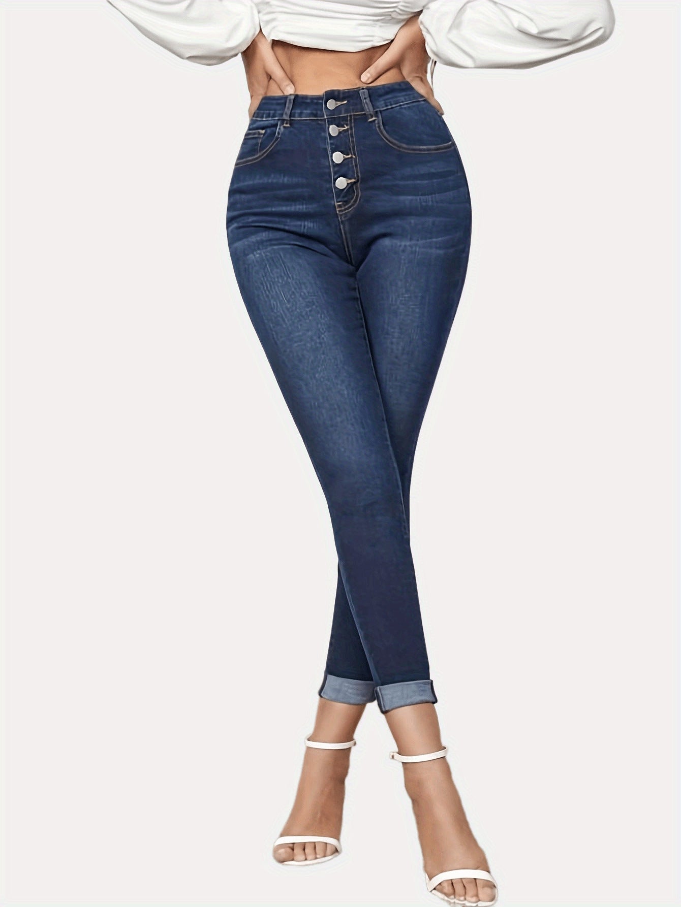Contrast Color Slim Fit Stretch Rolled Hem Cropped Jeans - cas7m