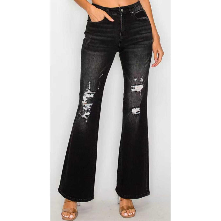 Black Low Waist Bell Bottom Jeans - Stretchy Slim Fit Fashion Denim - cas7m