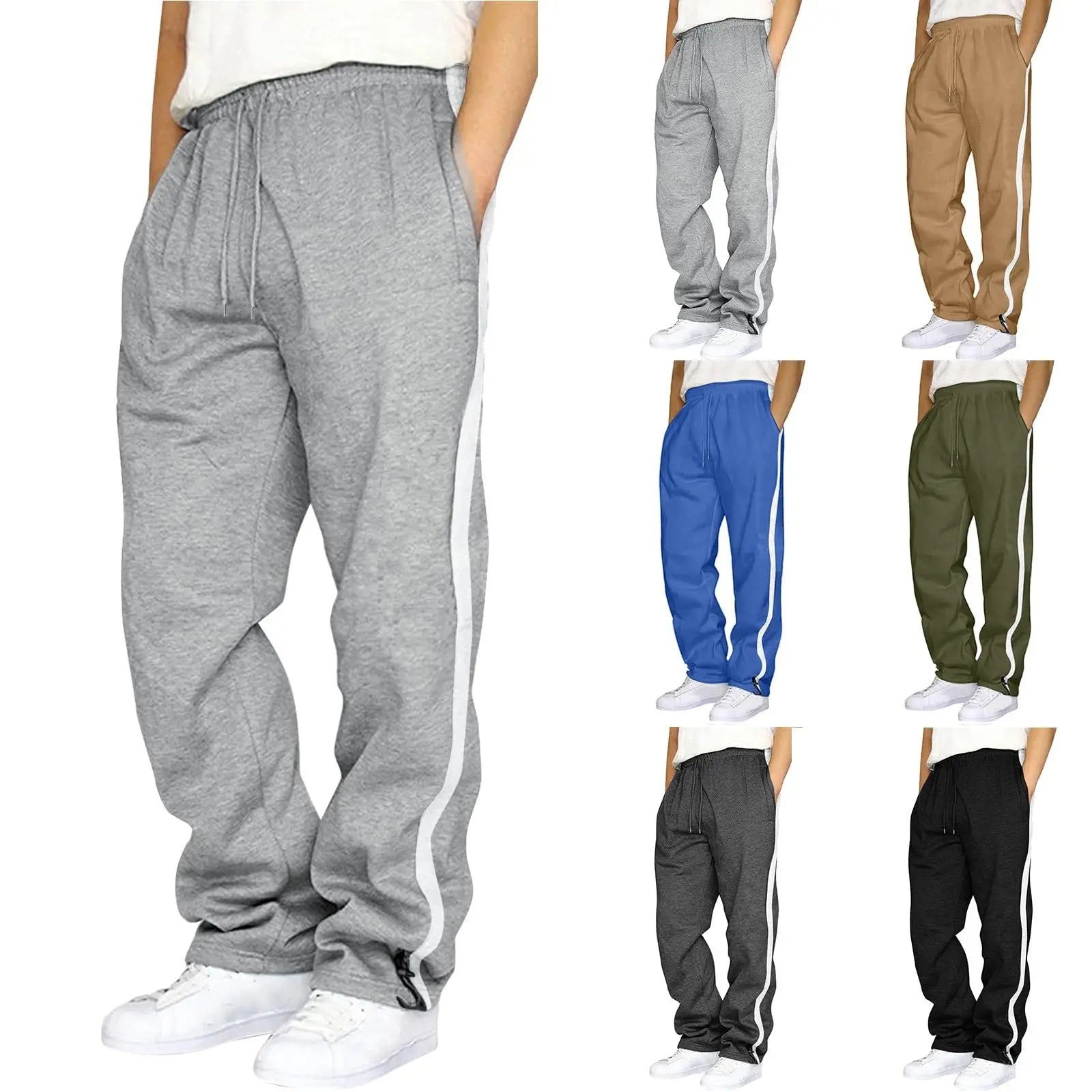 Collection of sweatpants in various colors with white stripes on a white background