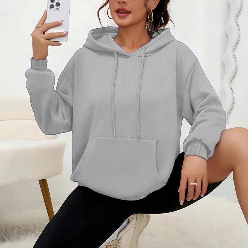 All-matching Loose Drawstring Pocket Sweatshirt Long Sleeve Women - cas7m