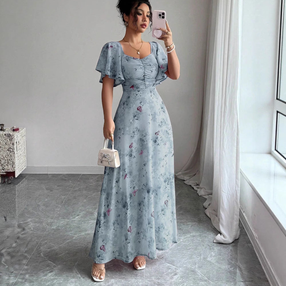 Flowers Printed Lotus Sleeve Dress Summer Elegant Slim Dresses Women's Clothing - cas7m