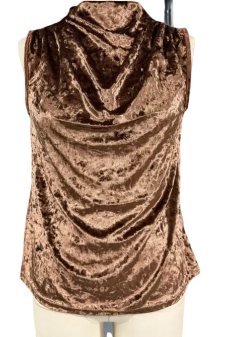 Caramel Brown Velvet Slouchy Collar Sleeveless Top - cas7m