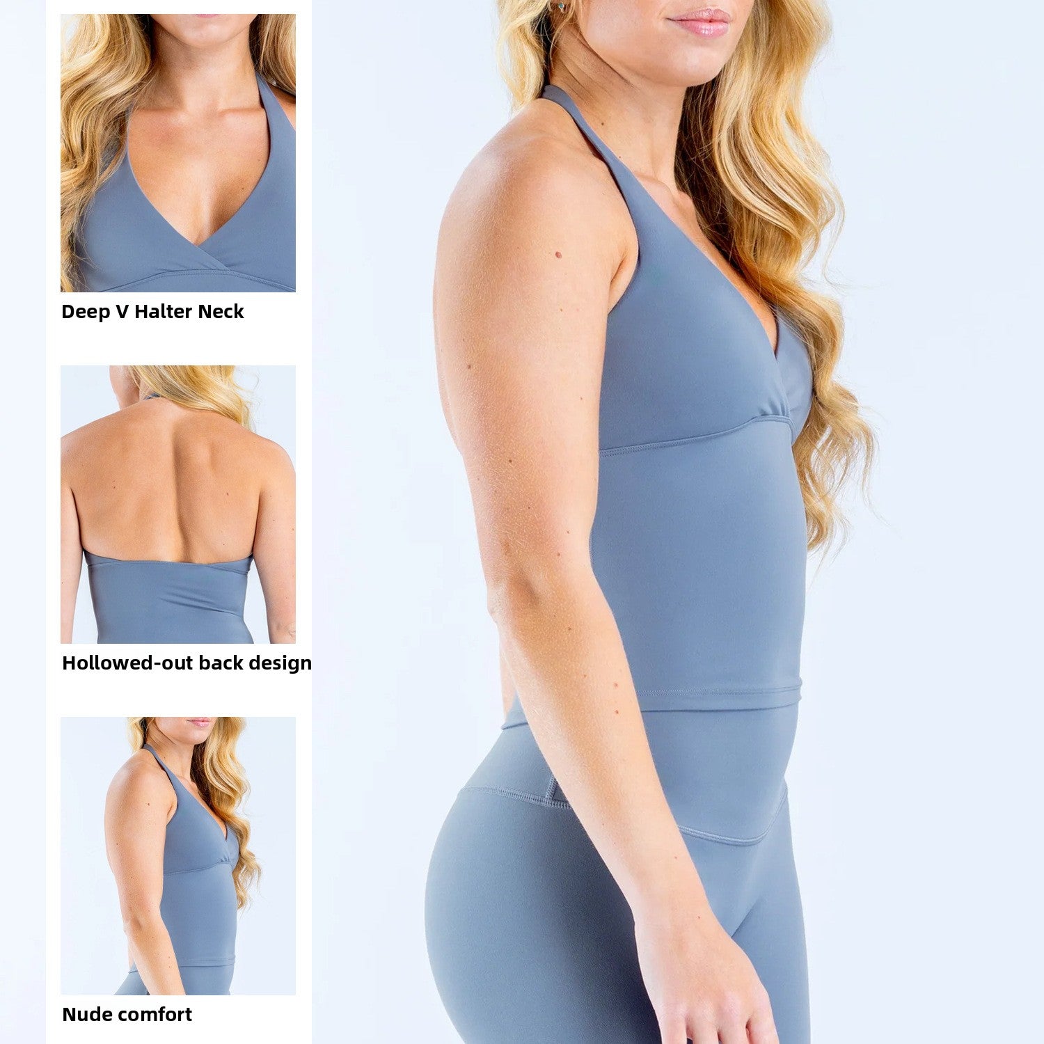 A woman modeling a slate blue athletic tank top and matching leggings against a light blue background, with three inset detail views showing the deep V halter neckline, hollowed-out back design, and nude comfort fabric.