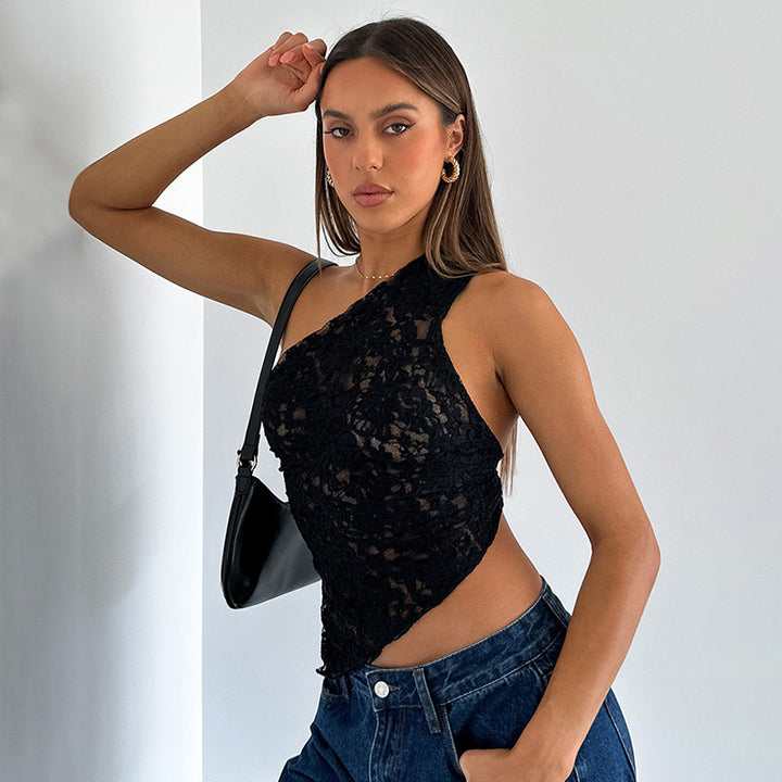 Ins Lace Backless Top Summer Solid Color Waistless Asymmetrical Sloped Neck Vest Streetwear Womens Clothes - cas7m