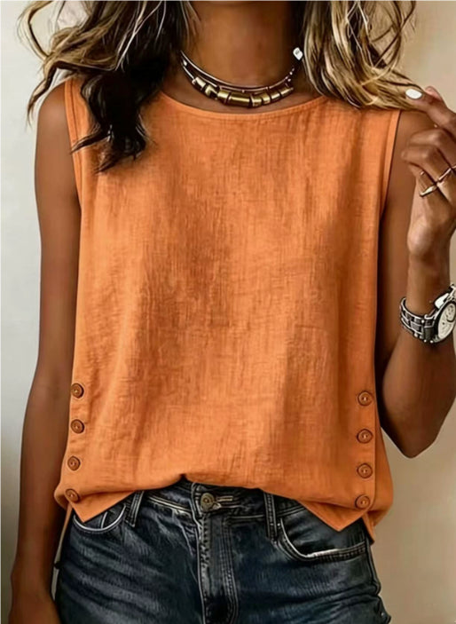 Summer Solid Color Round Neck Casual Loose Cotton And Linen Top For Women - cas7m