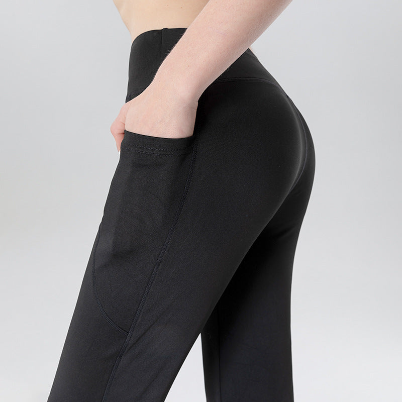 Ladies Mid Waist Abdominal-shaping Slimming Cropped Pants Casual Pocket Bootcut Trousers - cas7m