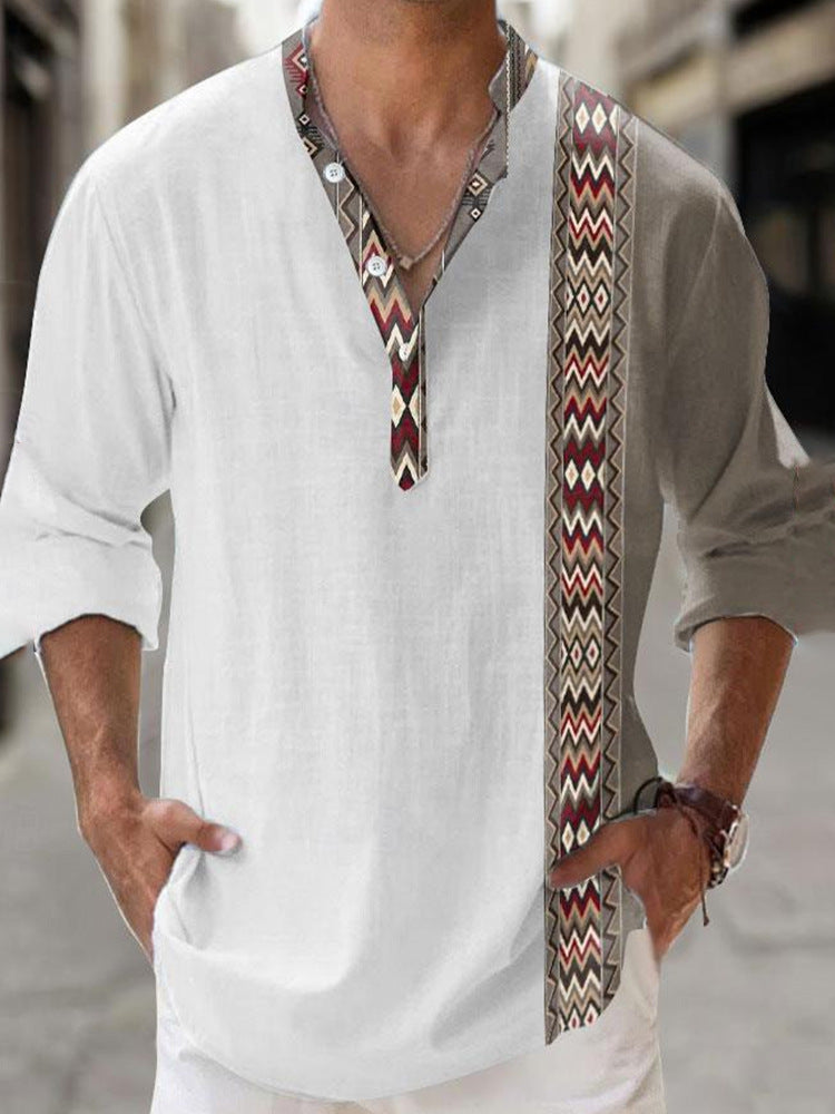 Thin Casual Digital Bamboo Linen Hawaiian Long Sleeve Shirt - cas7m