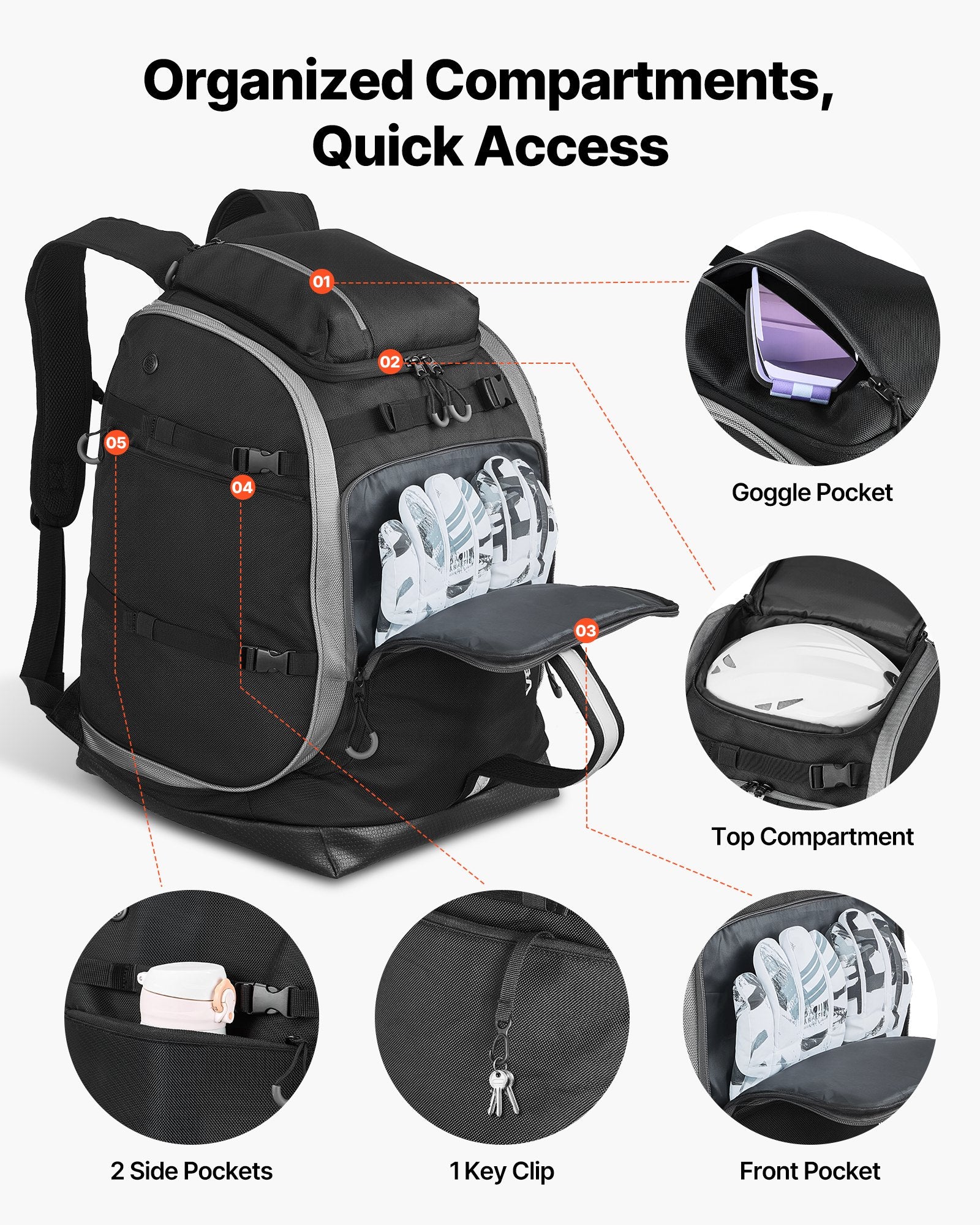 65L Waterproof Ski Boot Bag with Independent Compartments - cas7m