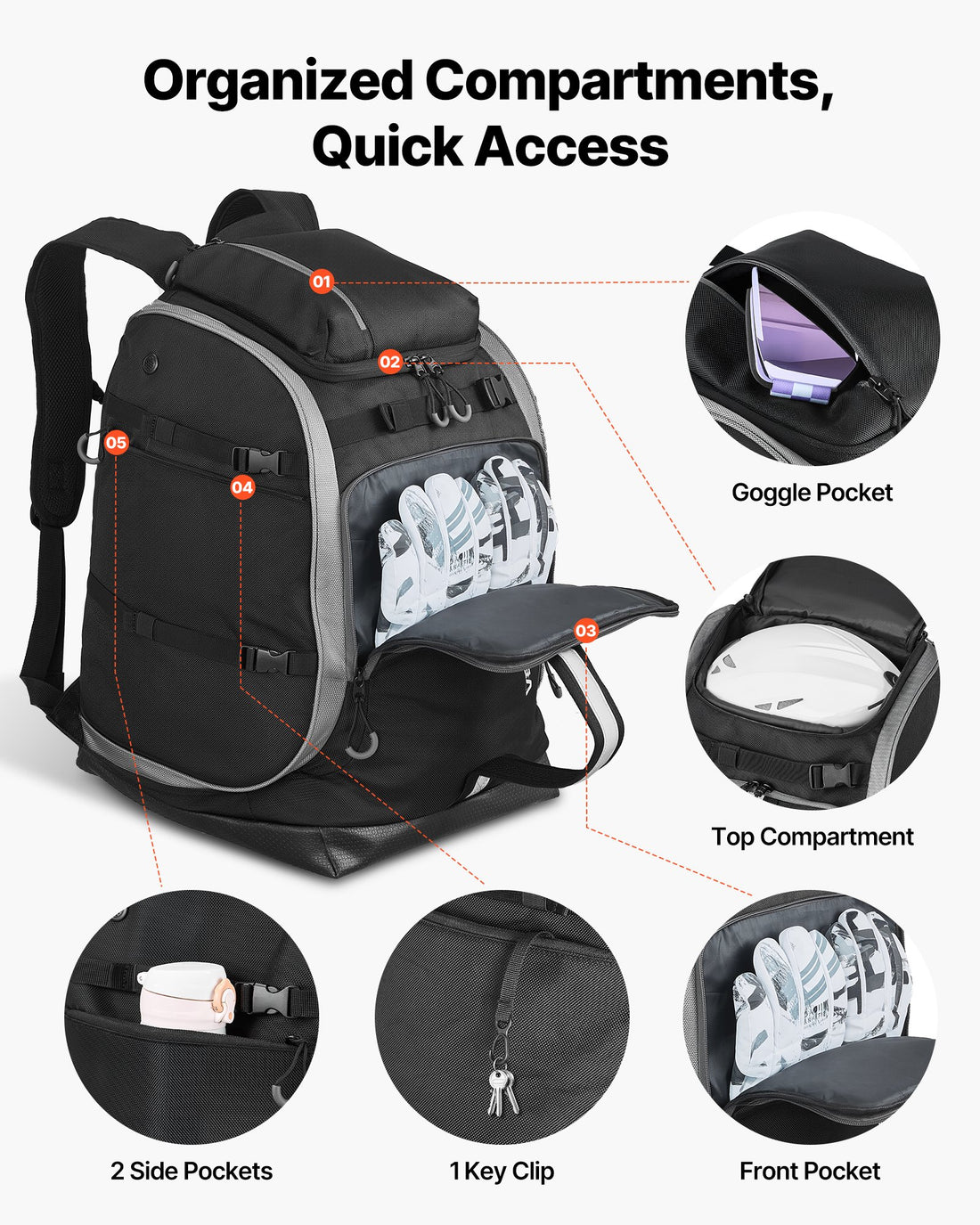 65L Waterproof Ski Boot Bag with Independent Compartments - cas7m