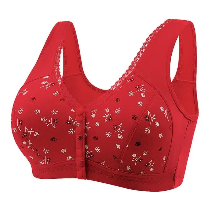 Red bra with floral pattern on a white background