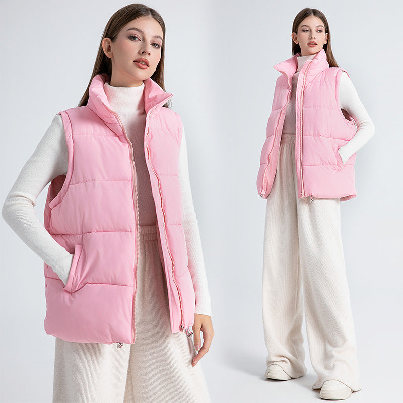 Women's Sleeveless Mid-length Stand-up Collar Thermal Down Cotton Thickened Vest - cas7m